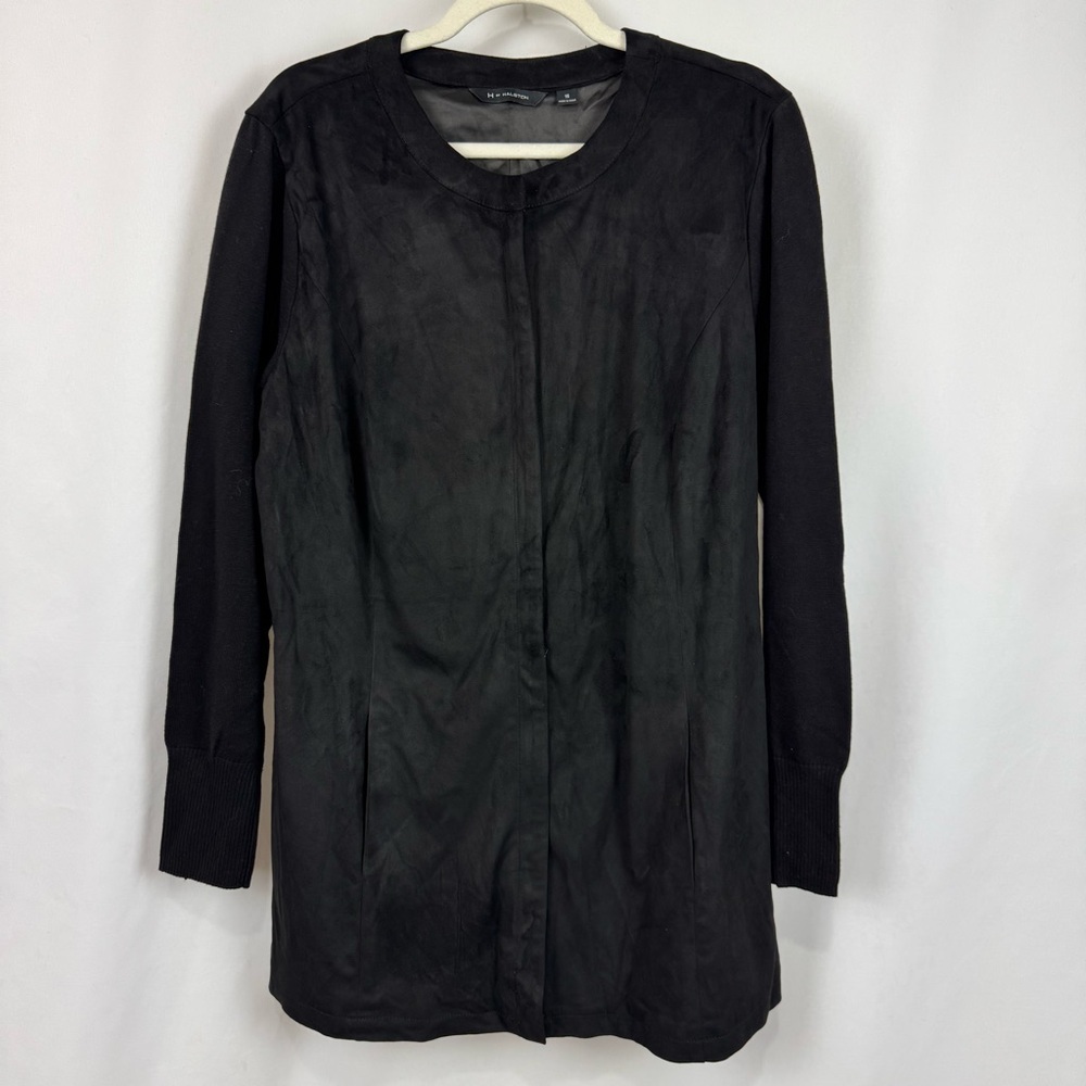 H by Halston Black Faux Suede Sweater Jacket With Knit Sleeves Zip Front Size 16